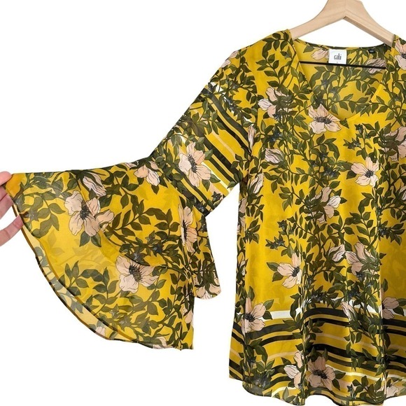 Cabi Spring Scene Yellow Floral Bell Sleeve Sheer Blouse Top, Size Small - Picture 7 of 12